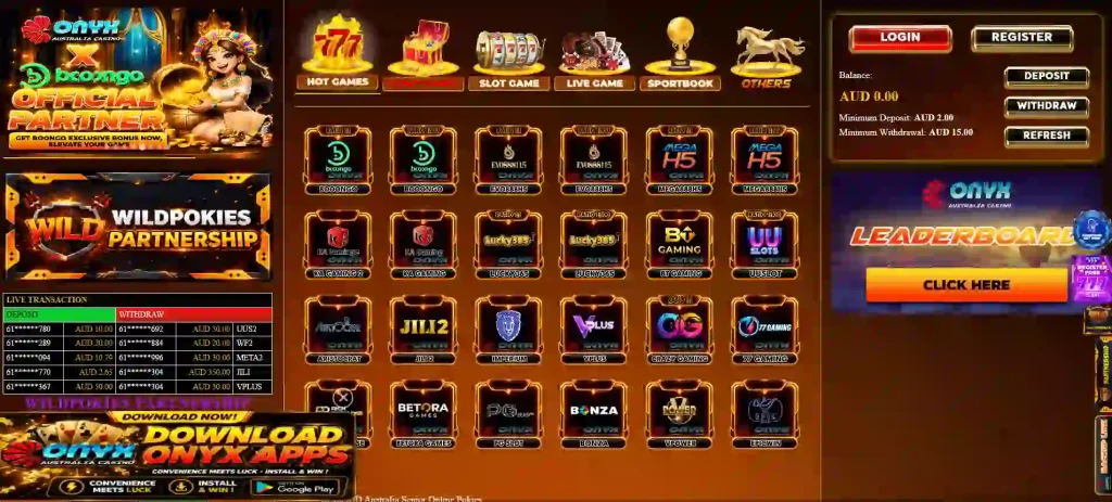 OnyxAUD game lobby showing casino categories and game or provider tiles