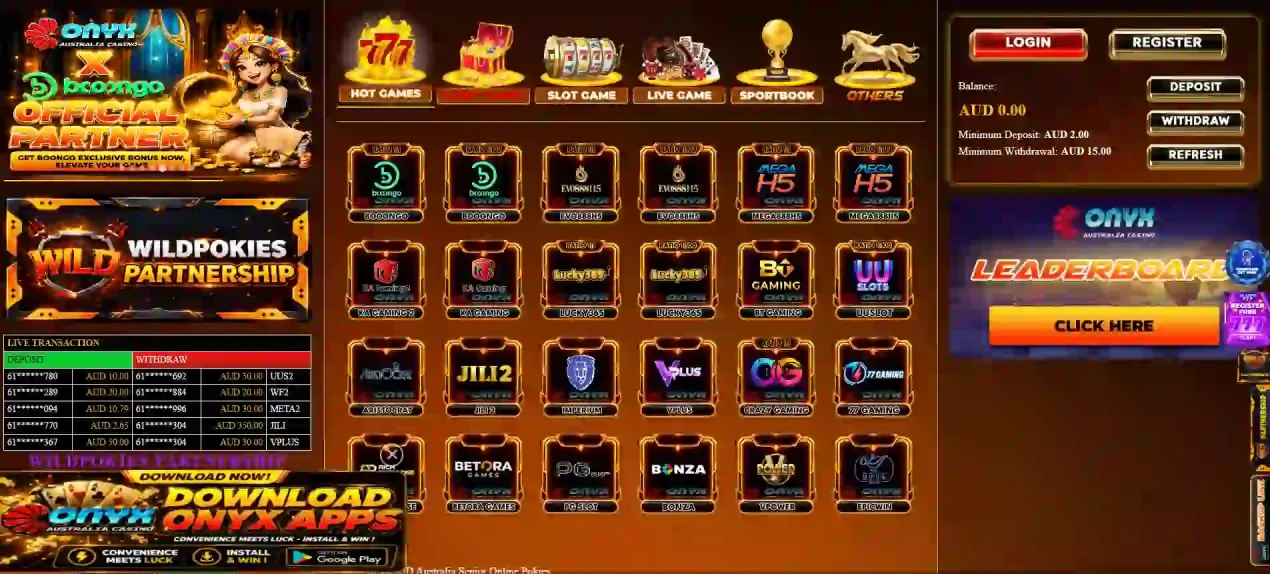 OnyxAUD game lobby showing casino categories and game or provider tiles