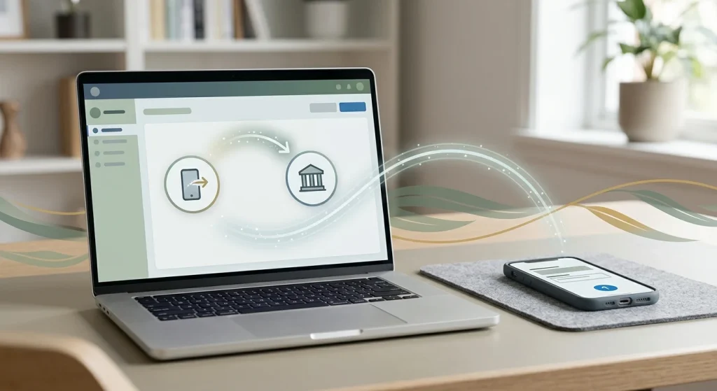 Illustration of AUD account-to-account payments on phone and desktop without bank or payment-network logos
