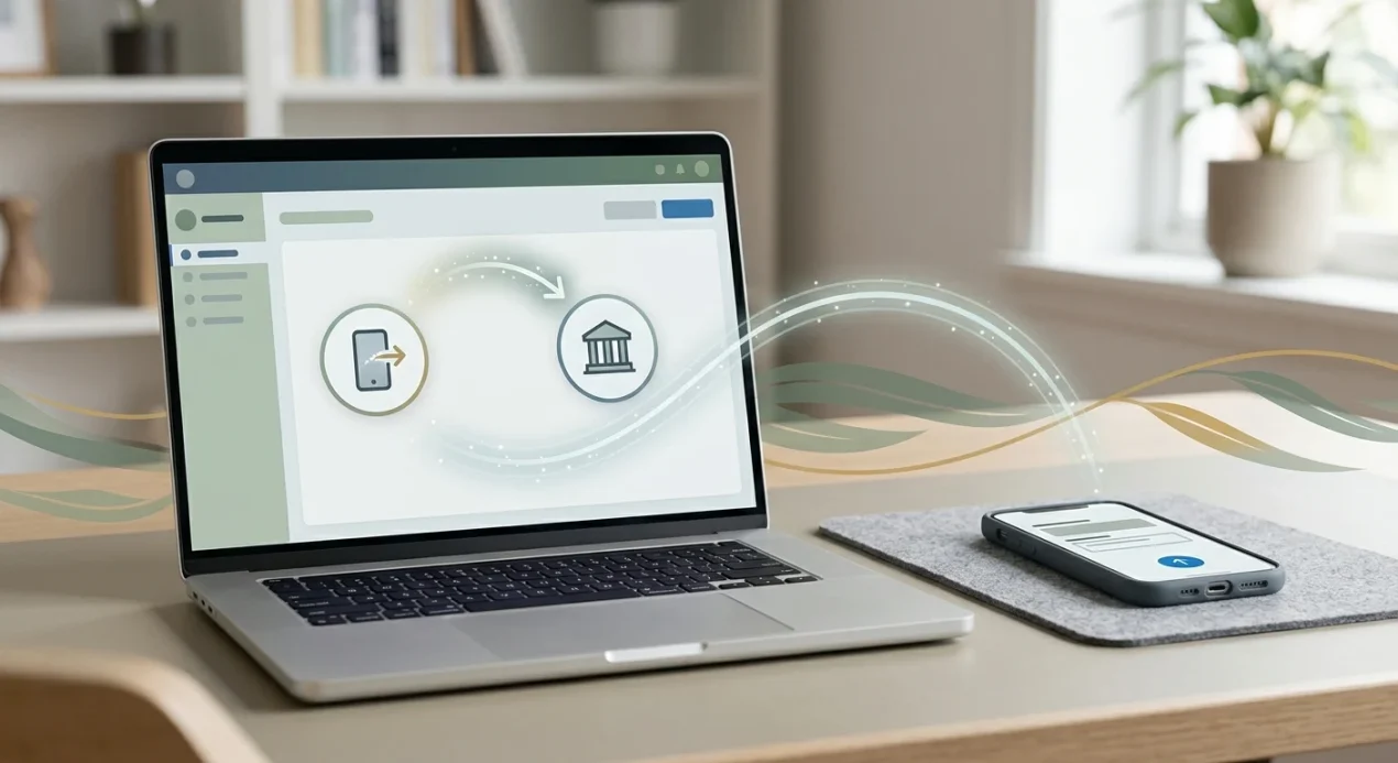 Illustration of AUD account-to-account payments on phone and desktop without bank or payment-network logos