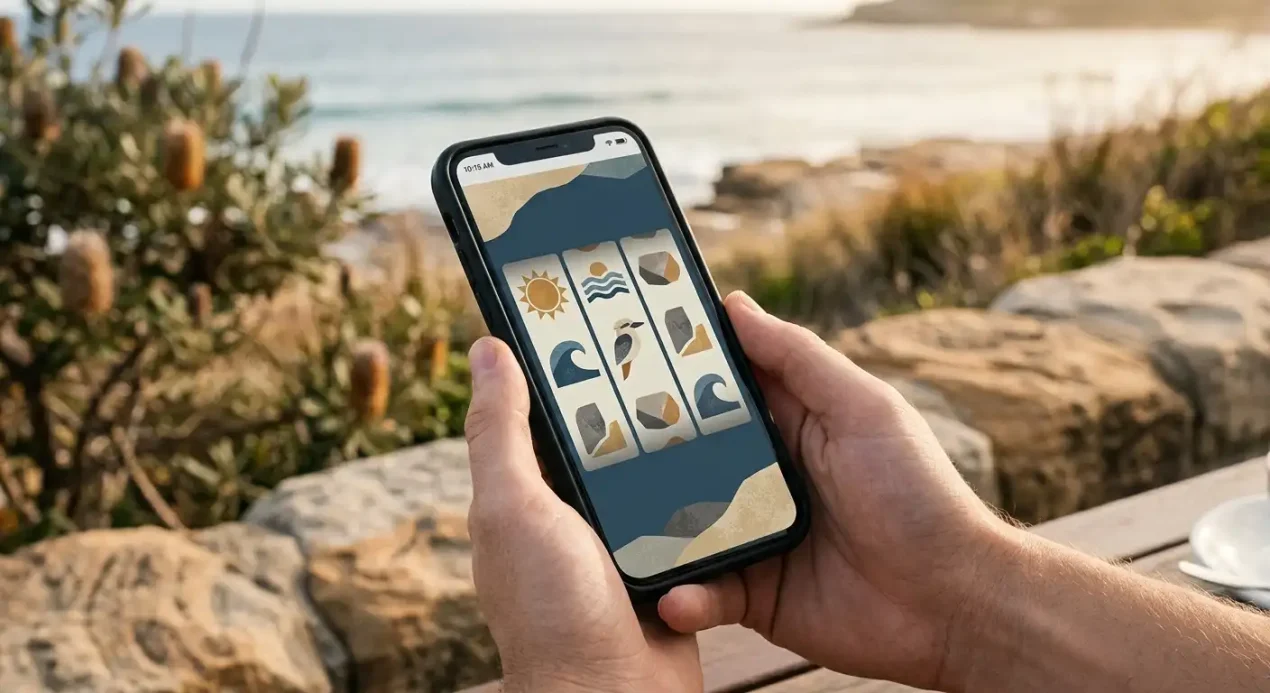 Illustration of generic slot reels on a mobile device with subtle Australian visual context and no real casino branding