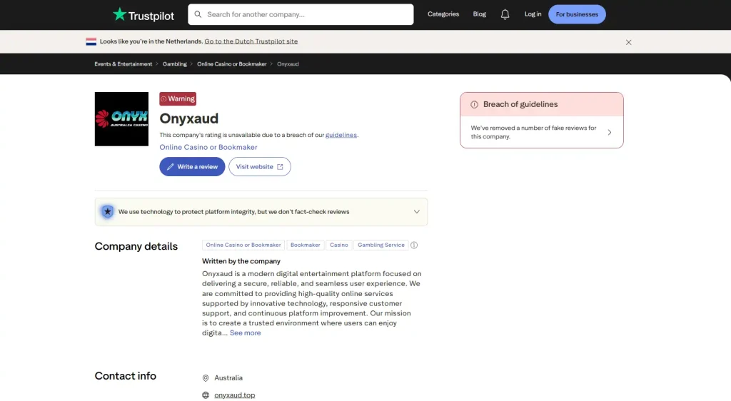 Trustpilot Australia OnyxAUD profile with a platform moderation warning