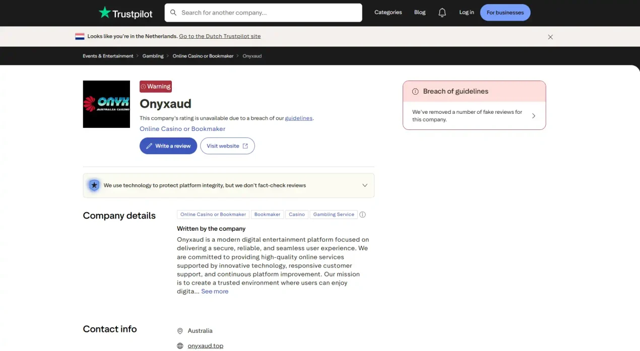 Trustpilot Australia OnyxAUD profile with a platform moderation warning