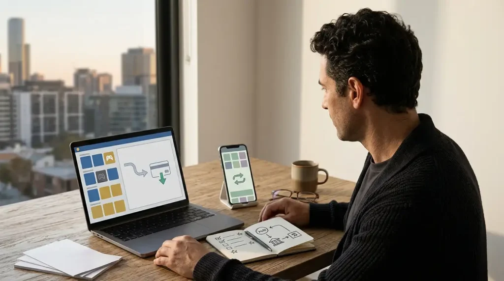 Illustration of an Australian player comparing an online casino on desktop and mobile