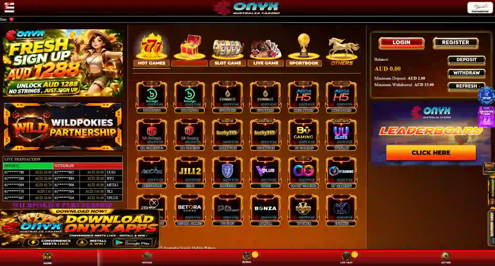 OnyxAUD homepage or casino lobby interface