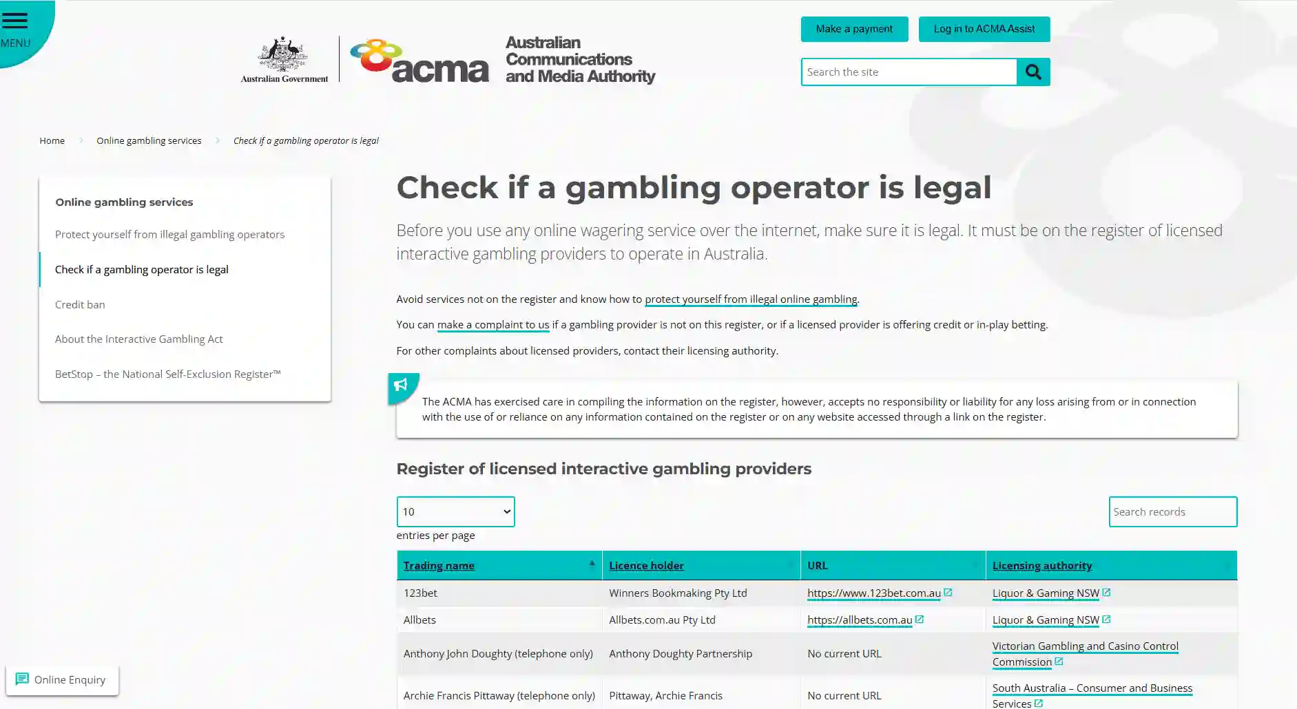 ACMA page for checking legal gambling operators in Australia